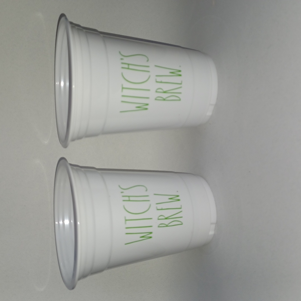 Rae Dunn 'Witch's Brew.' white and green set of 2 plastic cups 16 oz